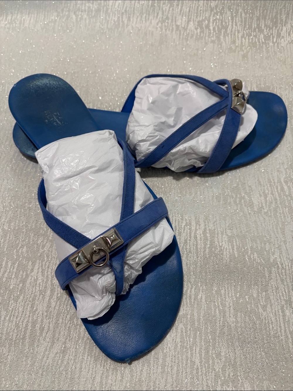 HERMES Blue Leather Corfou Sandals Size 40(Approx 9.5 US)